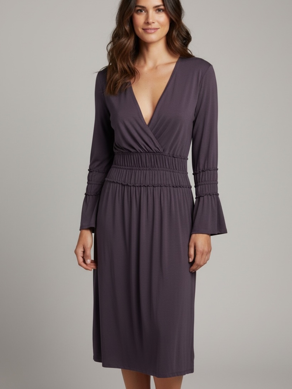 Plunge Neck Long Sleeve Midi Dress in Gray